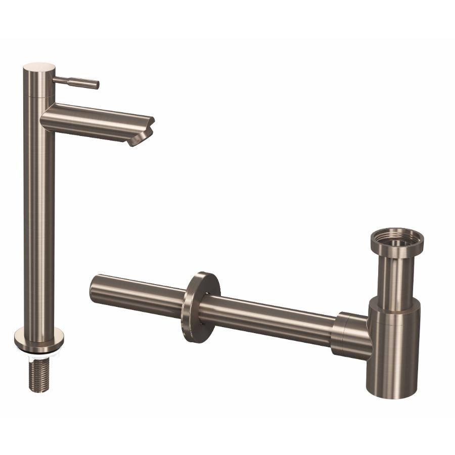 INK Combi set 2b brushed nickel bestaande uit fonteinkraan staand hoog model h=277mm sprong 95mm en designsifon
