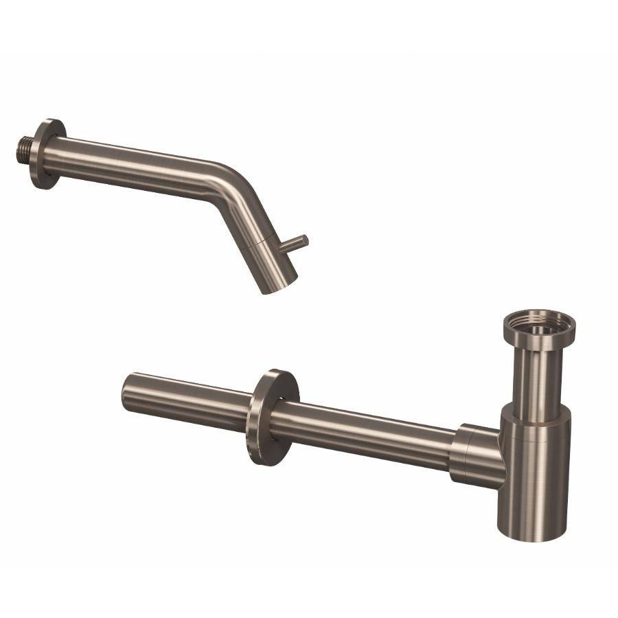 INK Combi set 3B brushed nickel bestaande uit fontein wandkraan 180mm inkortbaar (min. 100mm) en designsifon