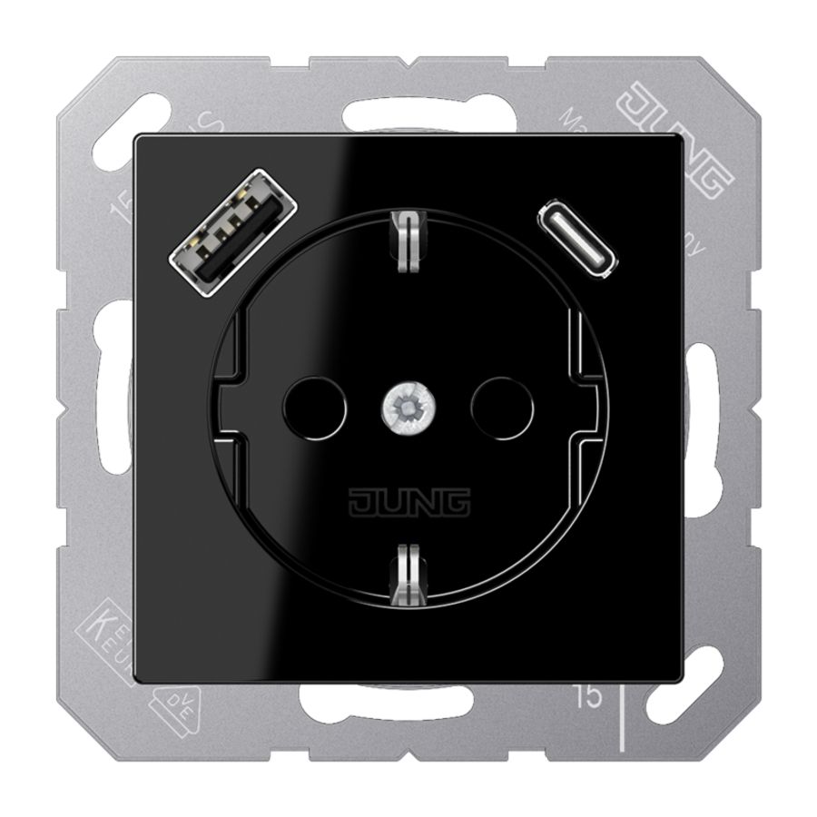 Wandcontactdoos m.lader zwart v.USB type A&C AS500