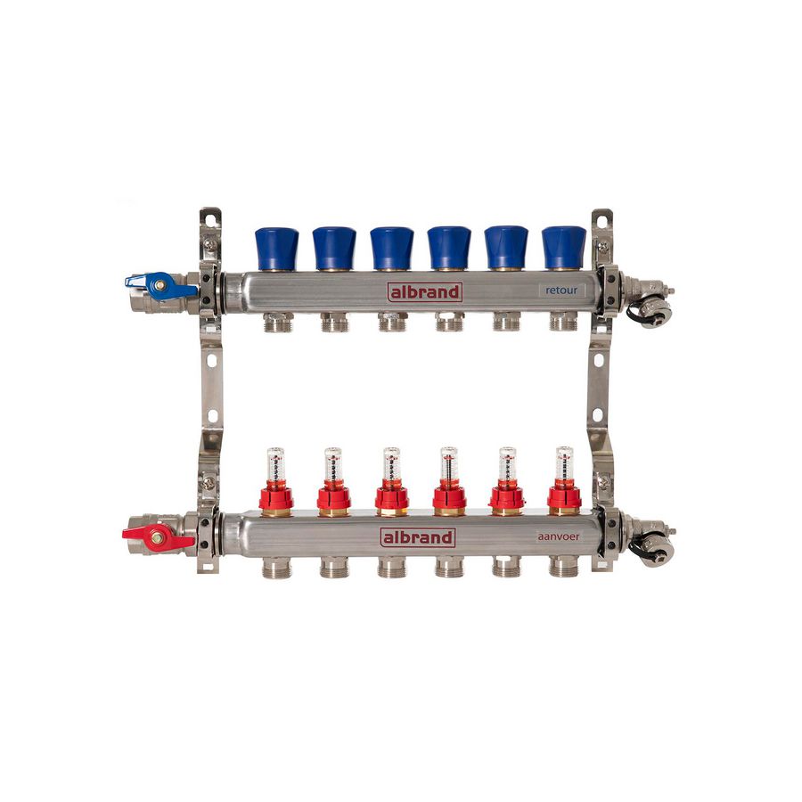 Vloerverwarmingsverdeler type RVS 5-groeps aansl. 3/4"bi.dr. pomploos incl. flowmeters