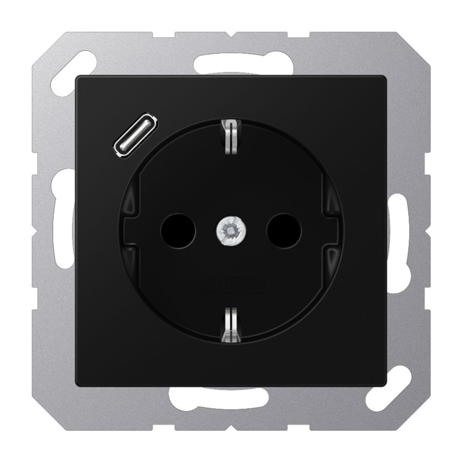 Wandcontactdoos m.laderzwart mat m.v.USB type C
