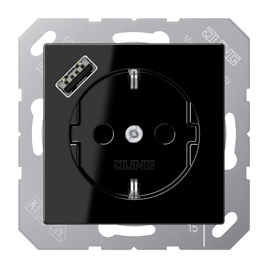 Wandcontactdoos m.lader zwart v.USB type A AS500
