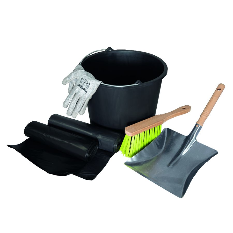 Bouwemmer 12L werkhandschoen stoffer en blik bouwafvalzak