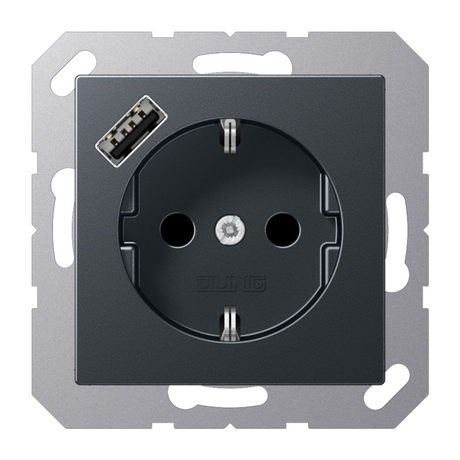 Wandcontactdoos m.lader antraciet mat.v.USB type A AS500