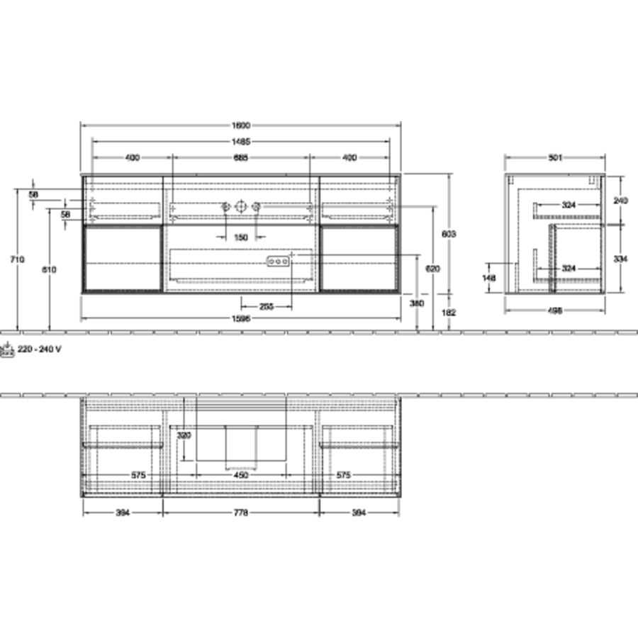 Wastafelonderbouw 1600x603x501mm mat zwart 4xla met LED-verlichting