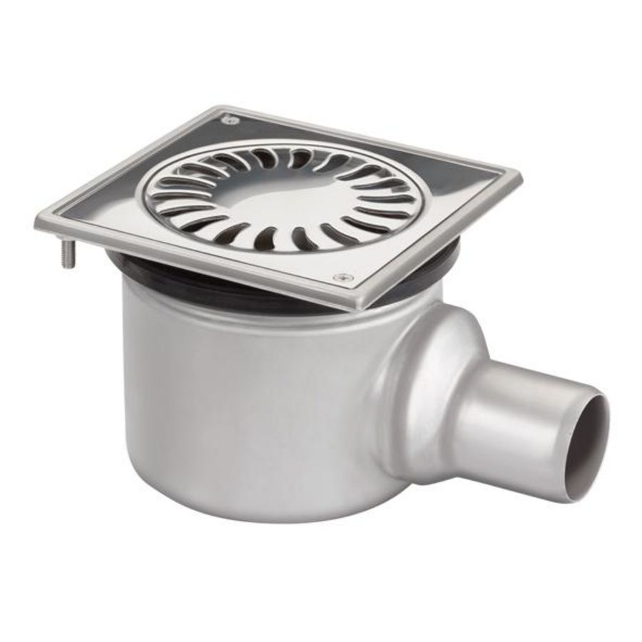 Vloerput 156x156mm RVS304 m.zijuitlaat 50mm verstelbaar