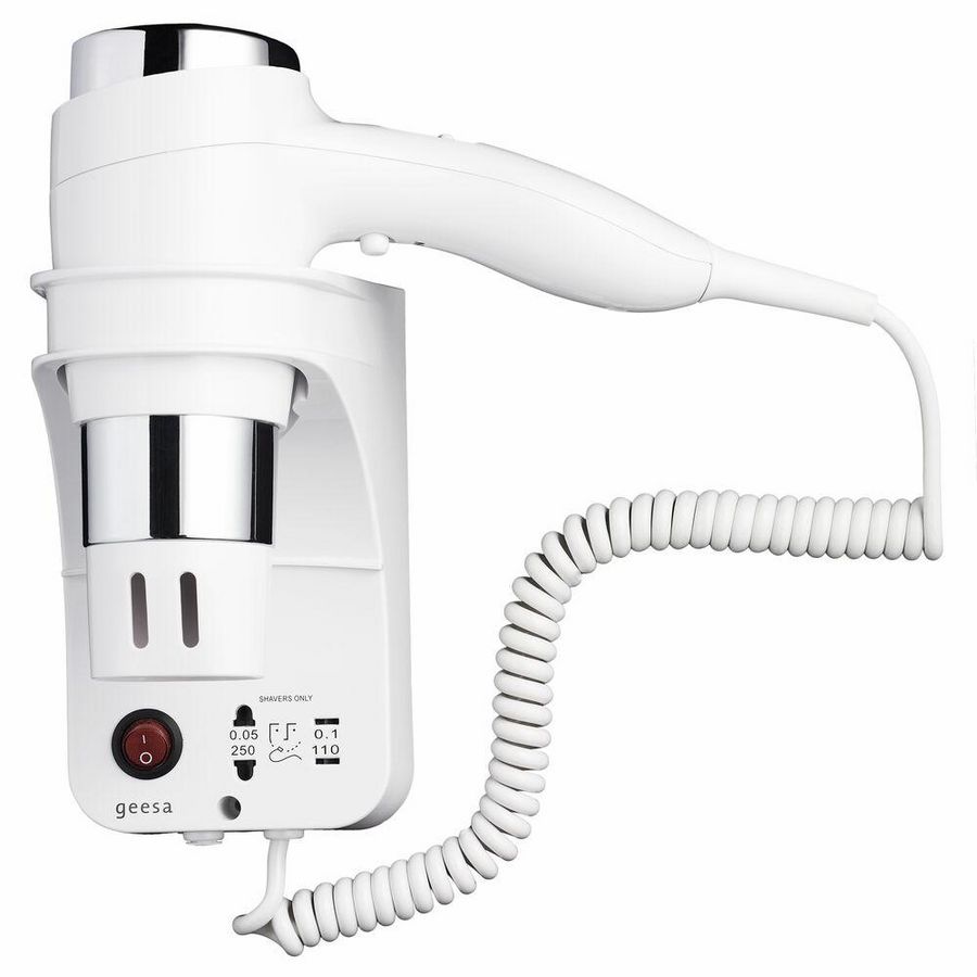 Wandhaardroger 1400W met stopcontact wit/chroom HAIRDRYER