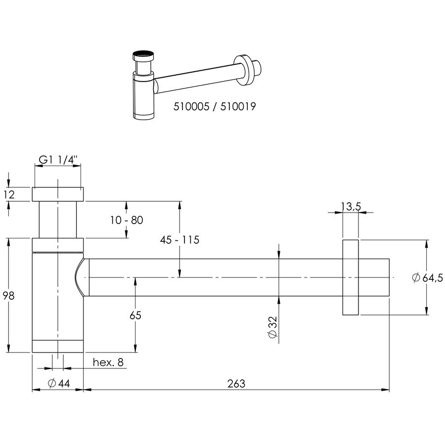 Slim designsifon chroom 1.1/4" incl. muurbuis tbv fontein
