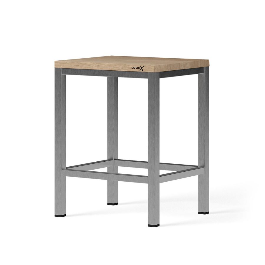 Badkamerkruk WOODEN STOOL 350x300mm h=450mm massief eiken old grey geborst. RVS poten