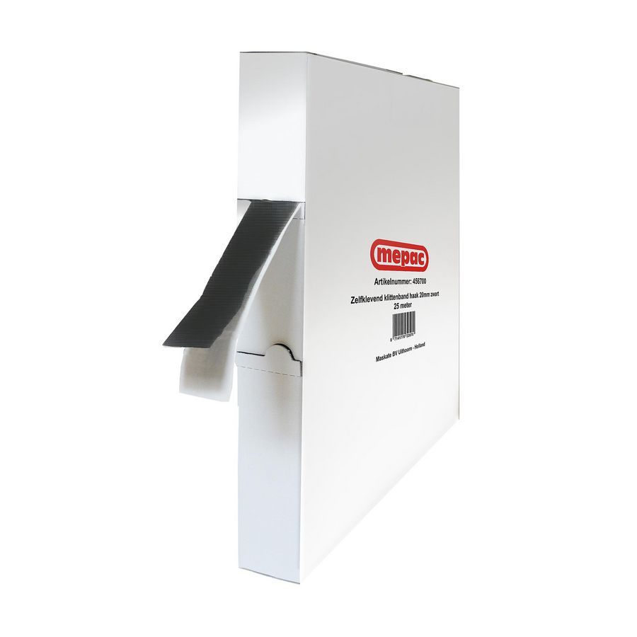 Rol a 25m. Zelfklevend klittenband velours 20mm zw. disp.box