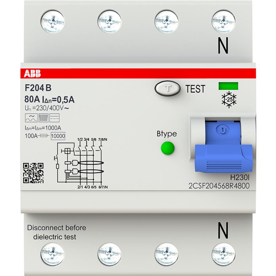 F204 B-80/0.5 RCCB F200 - 4P - 500 mA - 80 A - Type B