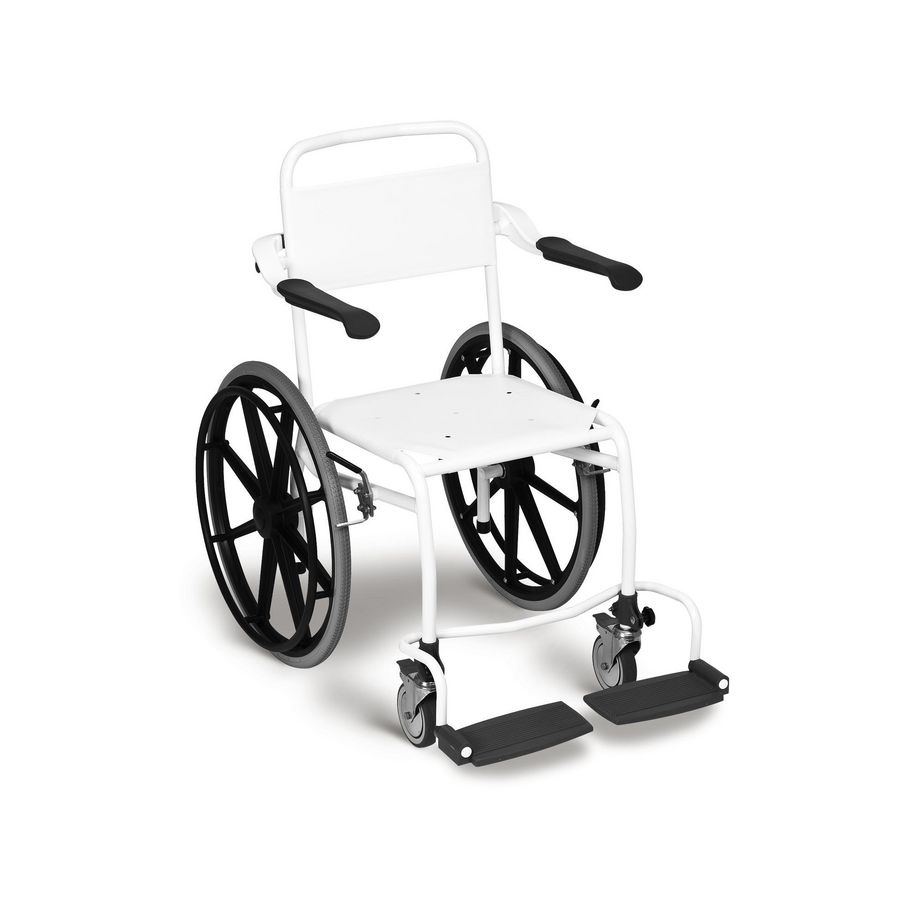 Douchestoel zelfrijder HT-bekleding laag RVS wit