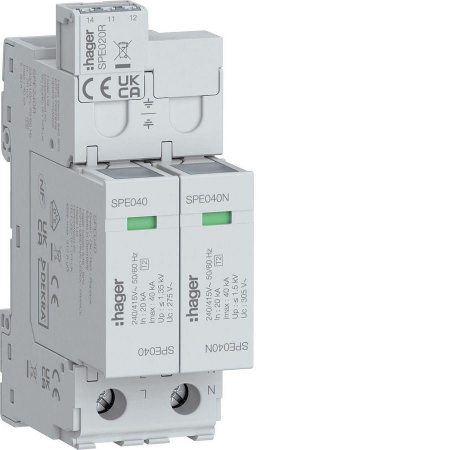 Overspanningsbeveiliging T2 2P 40 kA TNS/TT met indicator+sign.contact