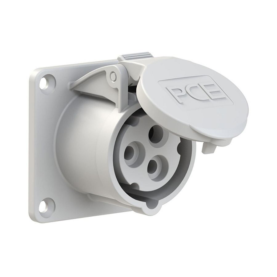 CEE inbouw wandcontactdoos RE 16A 3p 50-250V DC 3h grijs IP54 flens 70x70