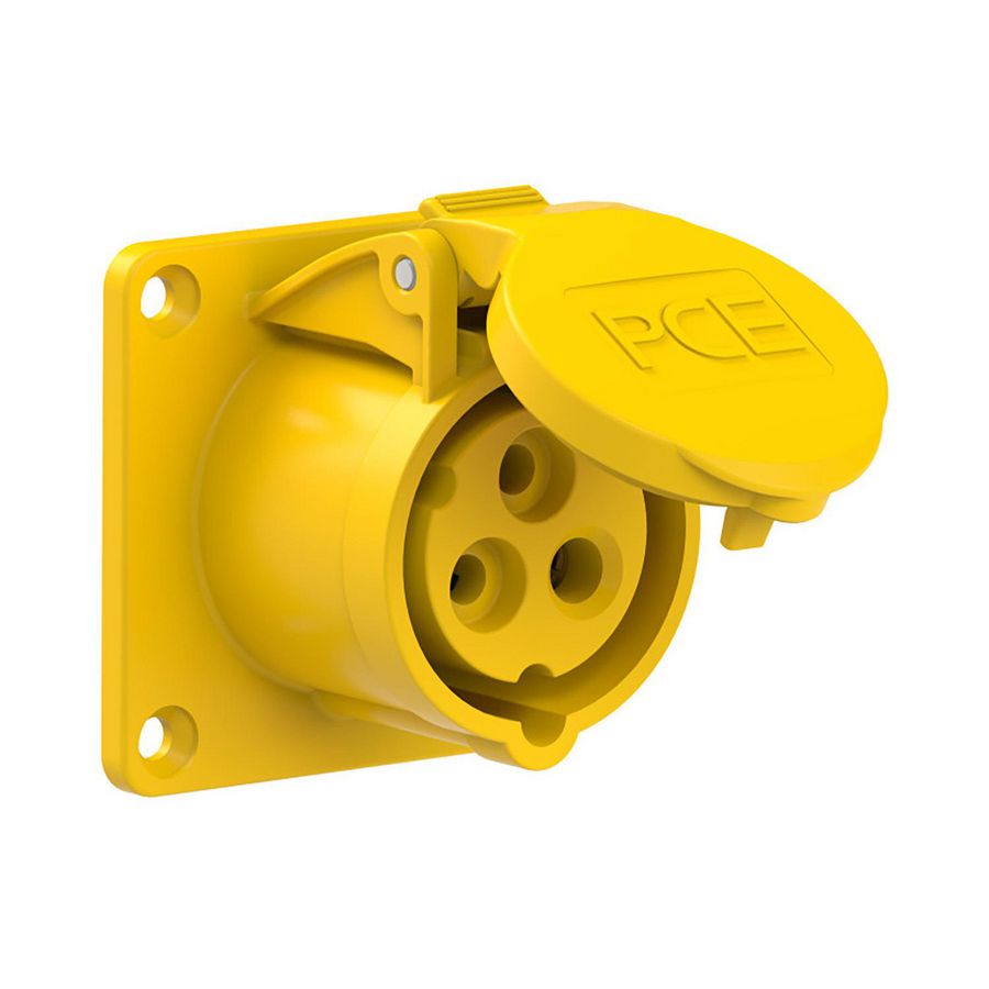 CEE inbouw wandcontactdoos recht 16A 3p 110V 4h geel IP54 flens 70x70mm