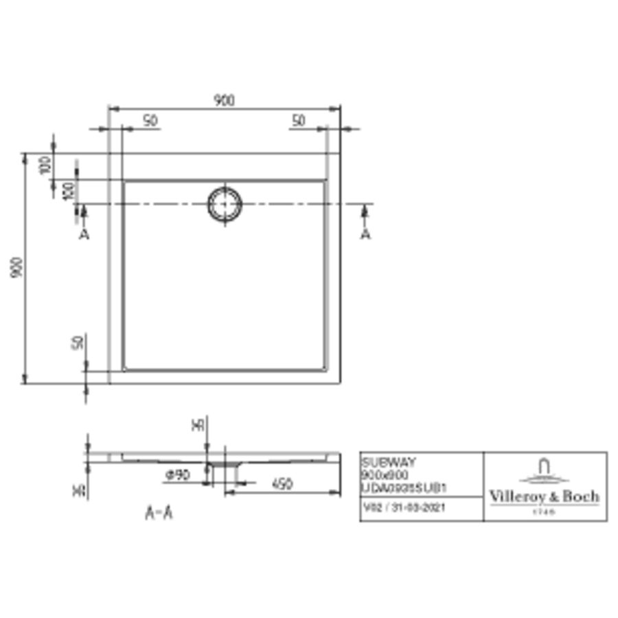 Douchevloer Subway, Subway 900 x 900 x 35mm UDA0935SUB1V-01