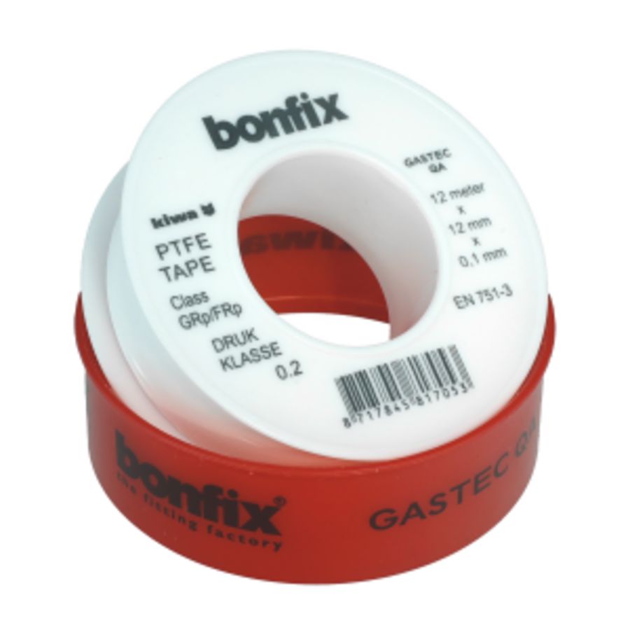 Afdichtingstape / teflontape PTFE 12x0,10mm rol a 12m drukklasse. 0,2 KIWA GASTEC QA