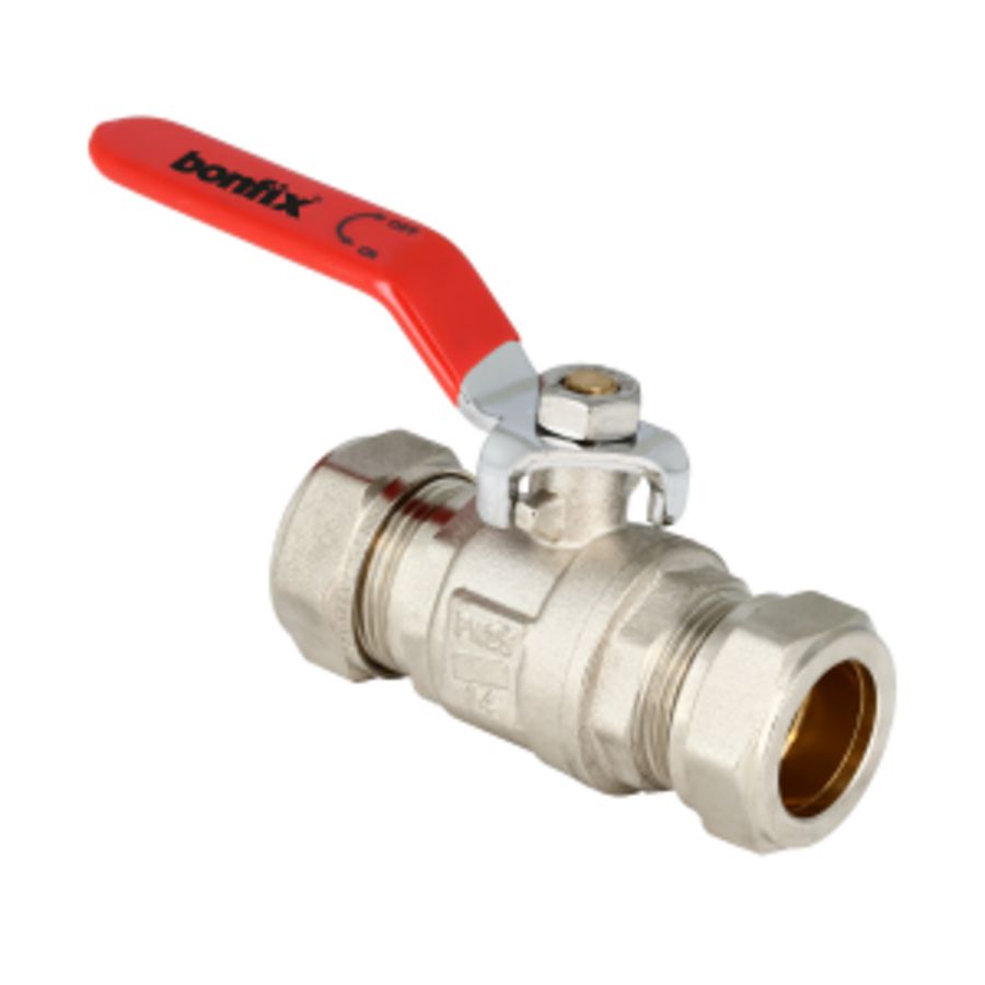 Kogelkraan messing vernikkeld met rode hendel 22mm knel