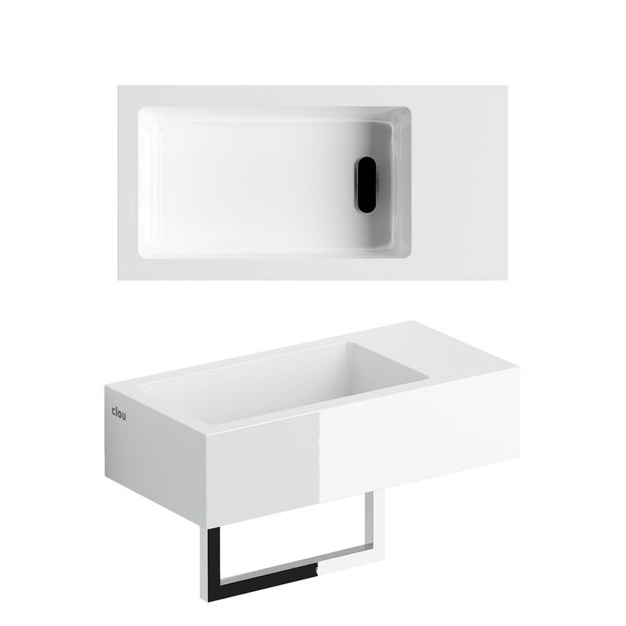Flush 3 fontein 36cm met voorbewerkt kraangat rechts glans wit mineral marmer incl. afvoerplug+handdoekhouder.+bevestigingsset