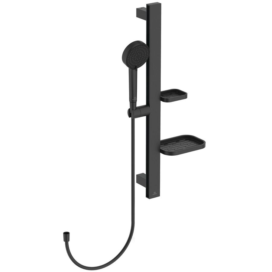Glijstangcombinatie Alu+ 600mm met handdouche Ø100mm + 2 zeepschalen Silk Black