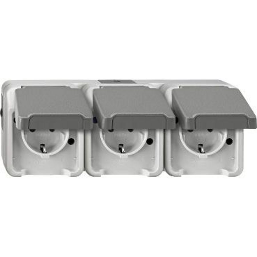 Merten AQUASTAR IP44-Wandcontactdoos-Opbouw-3-voudig-Horizontaal-grijs-extra bevei