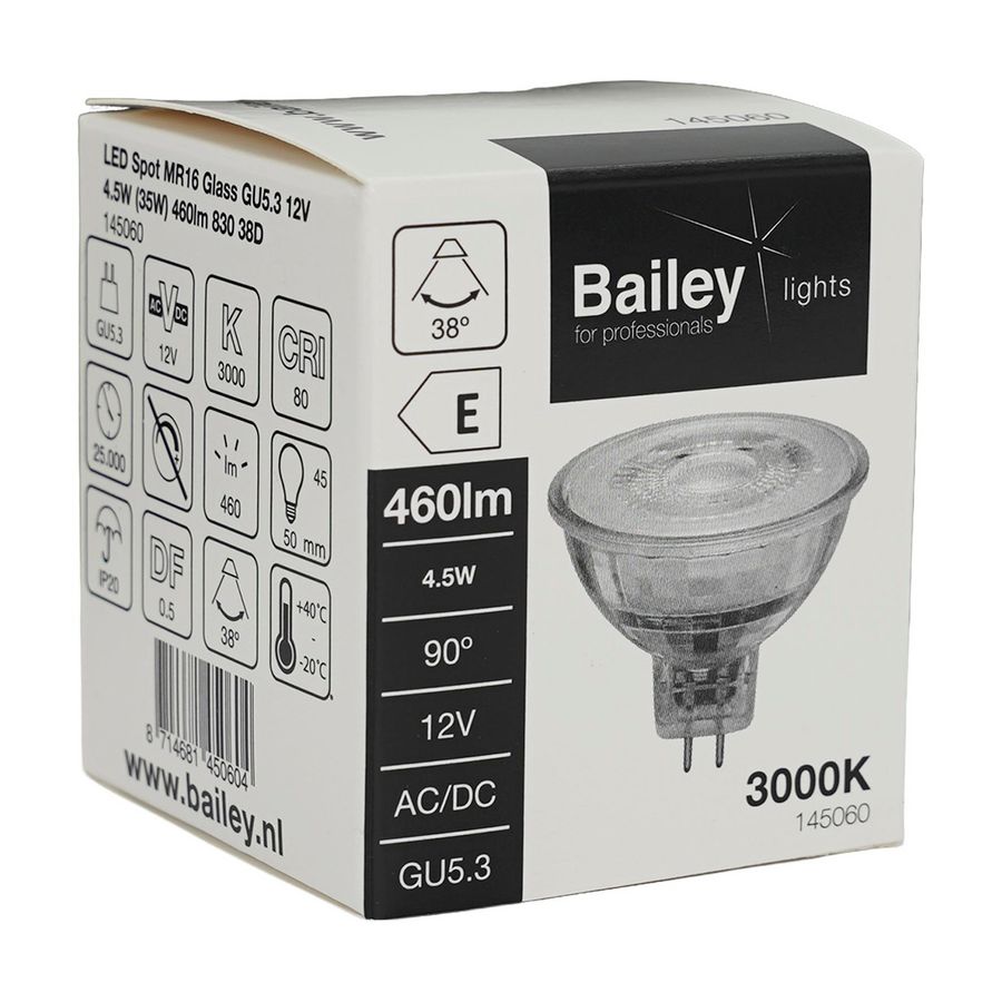 LED-lamp MR16 Glass spot GU5.3 12V 4.5W 35W 460lm 830 38D