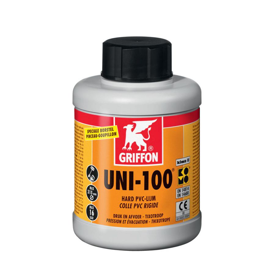 Hard PVC-lijm UNI-100 (druk/afvoer) KOMO/KIWA pot Flacon  500ml VVE=12