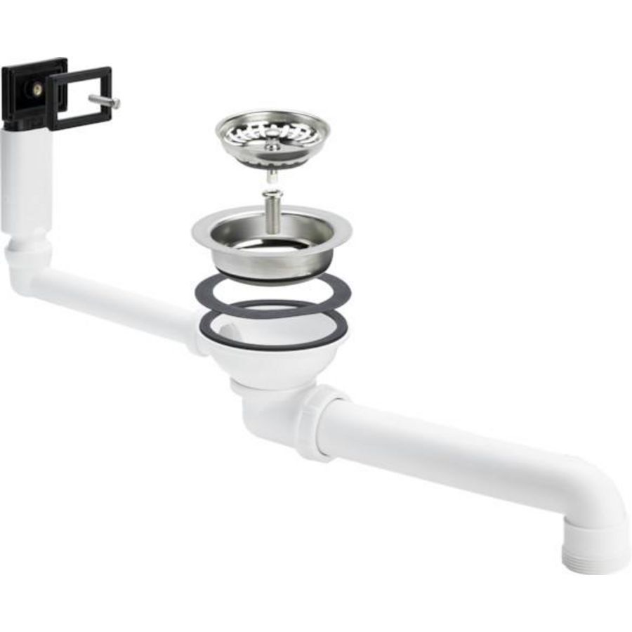 Spoelbakafvoerplug 1.1/2" met overloop tbv Ø90mm afvoeropening incl. zeefkorf+afvoerbocht