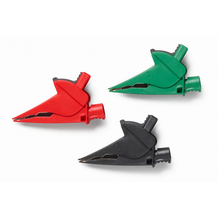 Krokodillenklemmen, CAT III 1500 V, rood, zwart en groenAC385-RGB