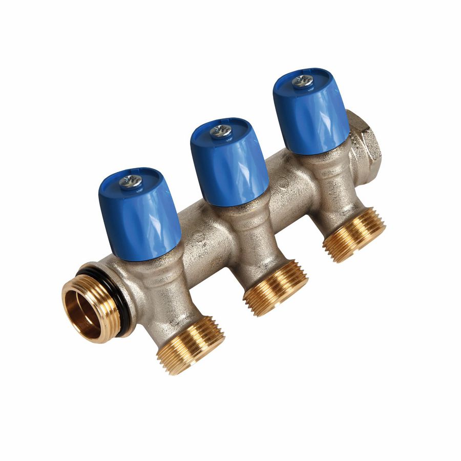 Verdeler 1" met kraan + 2 EK O-ring uitlijning blauw VVE=20