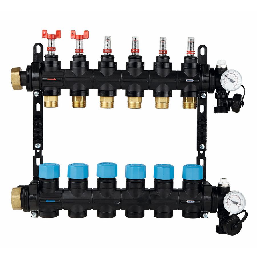 3-groeps verdeler UFH-MDK composiet incl. debietmeters 0-3L thermometer+ vul-aftapkraan