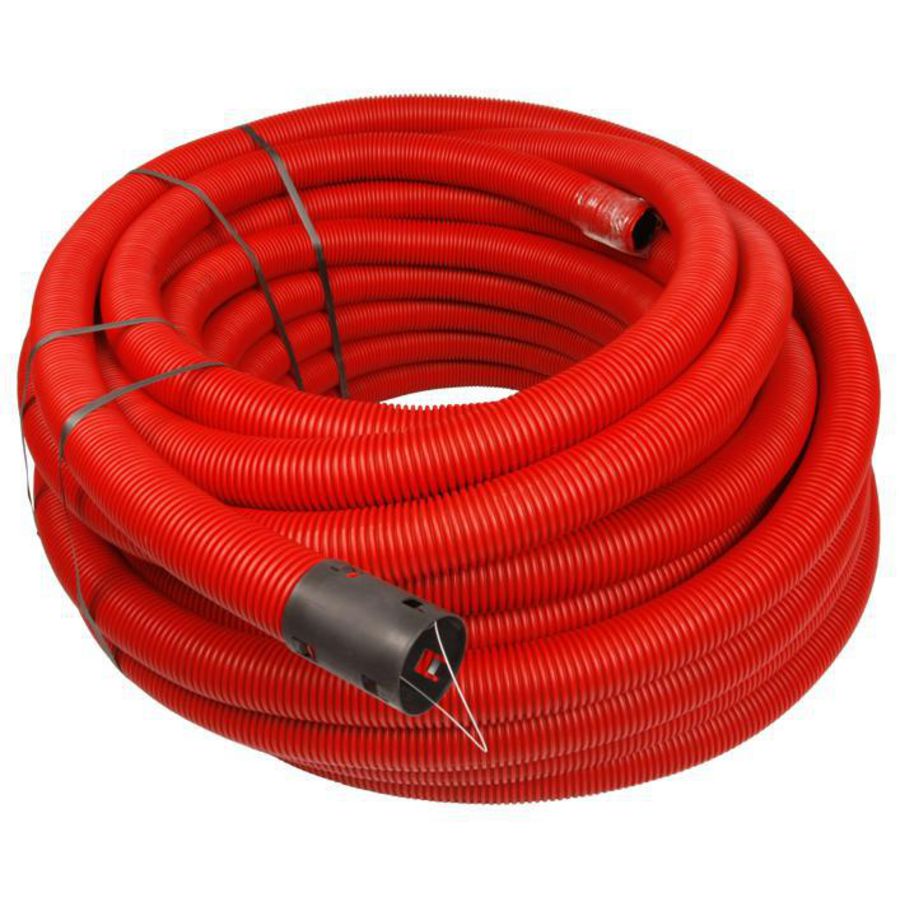 Rol a 50mtr. PE kabelbeschermbuis/ mantelbuis 50mm(40mm inw.) rood incl. mof + trekdraad
