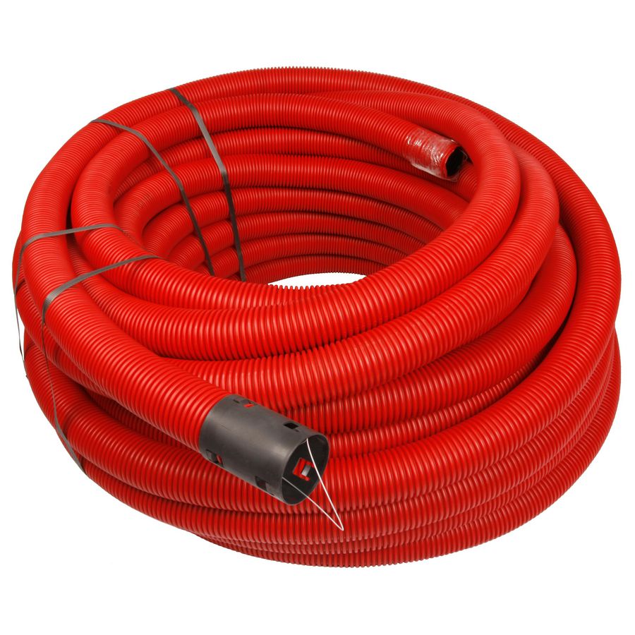 Rol a 50mtr. PE kabelbeschermbuis/ mantelbuis 50mm(40mm inw.) rood incl. mof + trekdraad