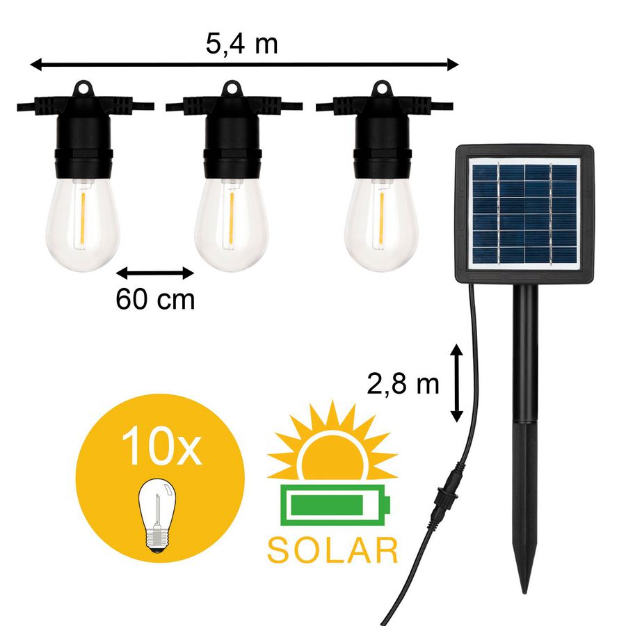 Prikkabel L=5.4M 10 stuks LED FIL ST45 IP44 Solar paneel