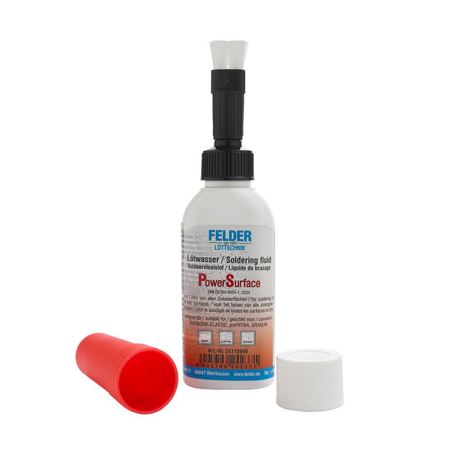 Fles 0,1kg soldeervloeistof v. zink POWERSURFACE universeel tbv prePATINA graphite-grey, GRANUM skygrey en basalte
