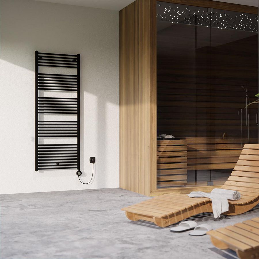 Elektr. handdoekradiator CALOR-V2 BLACK 500W 500X927mm snoer 1,2mtr + stekker incl. regeling