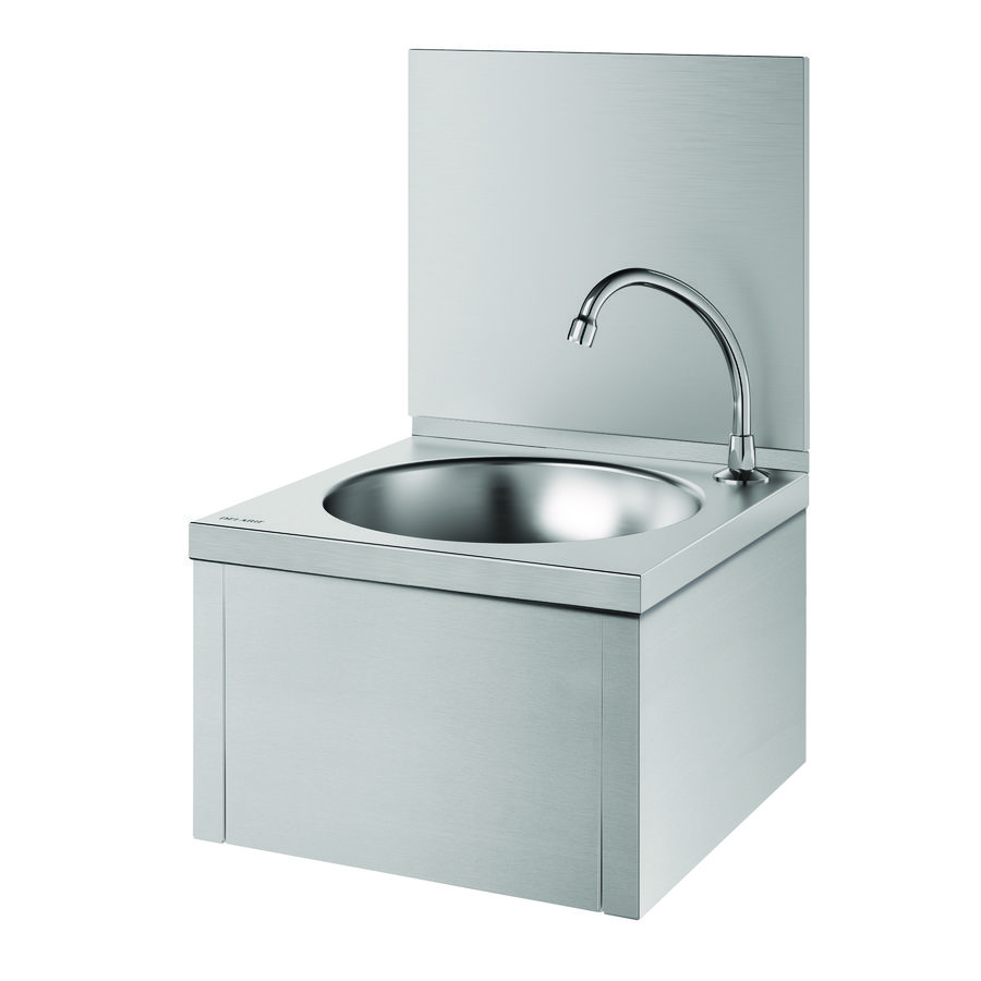 Fontein SXS RVS m. zelfsluitend kraan+onderbouw+spatwand