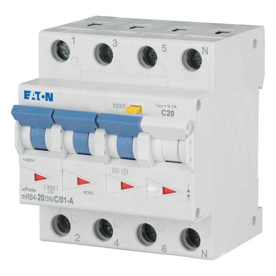 Aardlekautomaat (RCBO) mRB4, C-kar., 20A 100mA, 4P incl. N, 4.5 kA Eaton