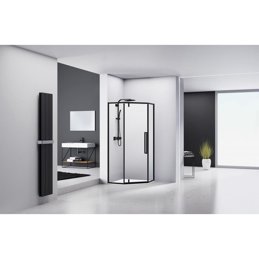 Vijfhoek douchecabine 870-880x2000mm 6mm helder glas zwart muurprofiel omkaderd