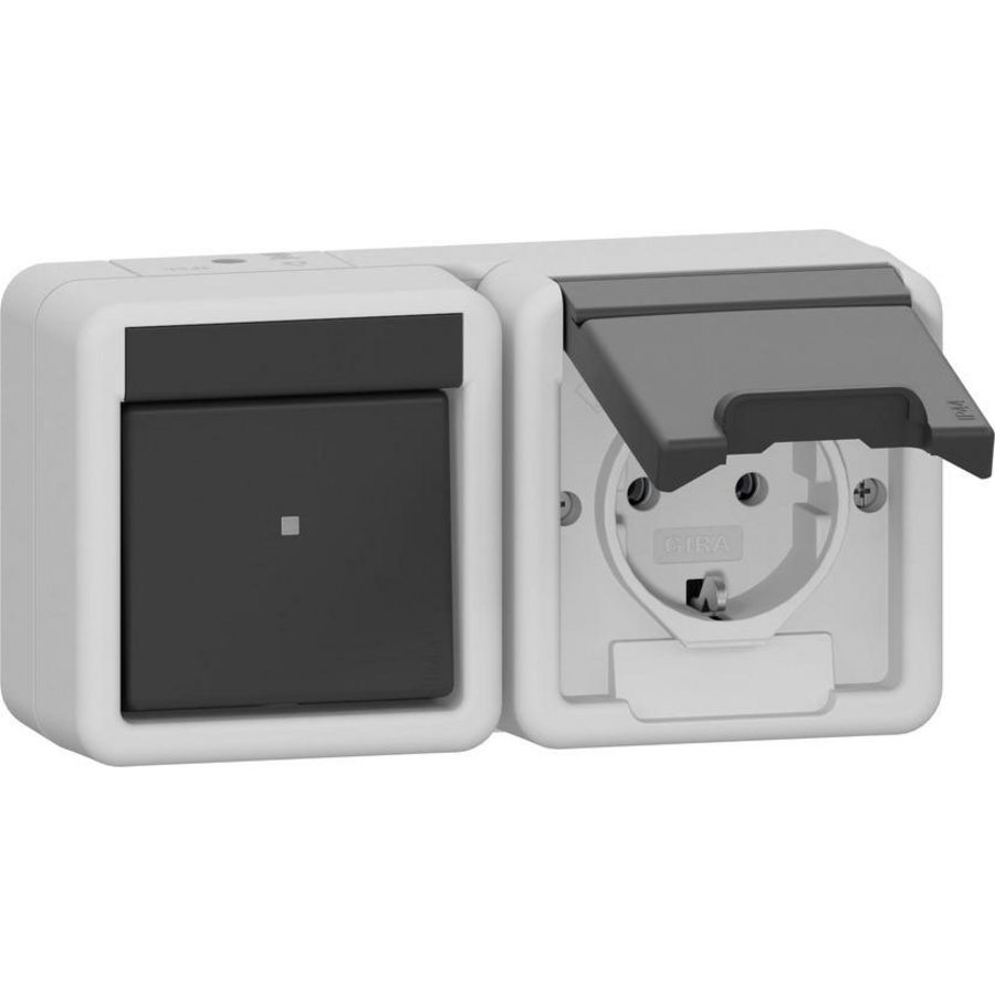 Combi uit-wis/wandcontactdoos met randaarde horiz. KD spatwaterdicht opbouw grijs