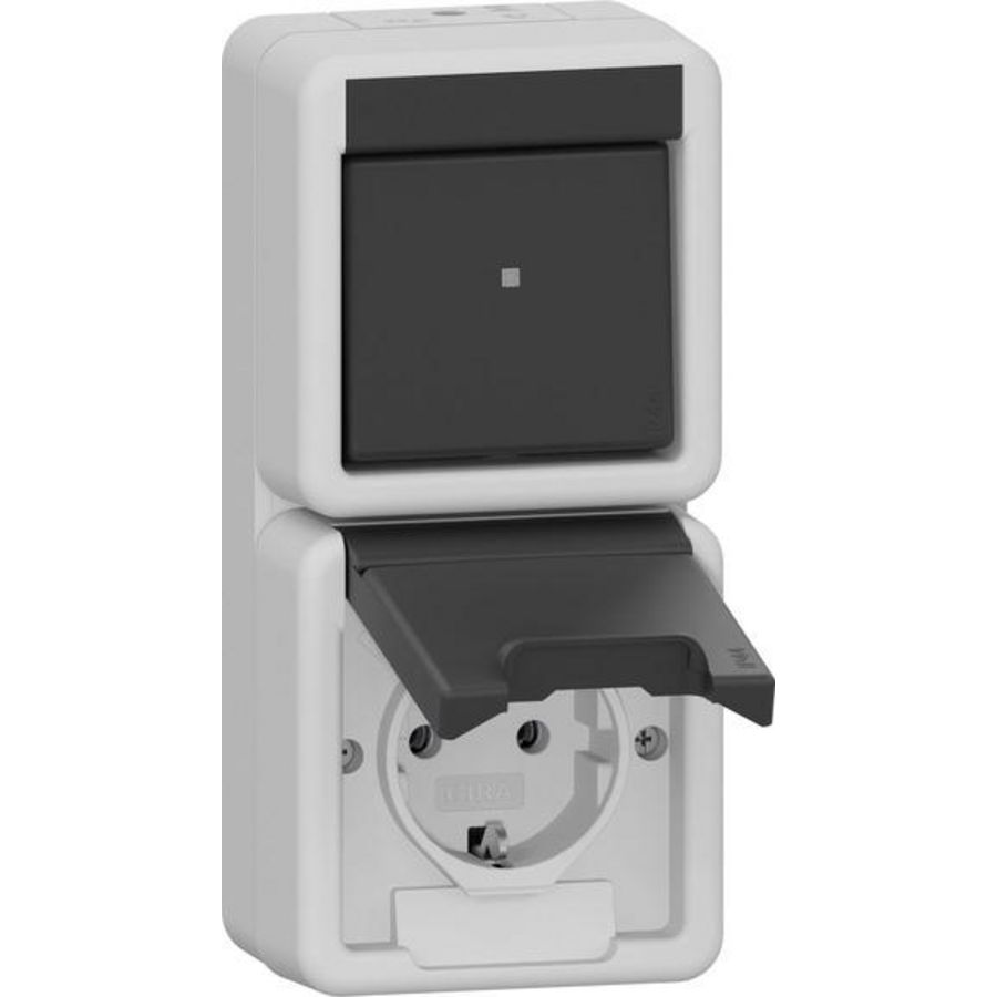 Combi uit-wis/wandcontactdoos met randaarde verticaal KD spatwaterdicht opbouw grijs