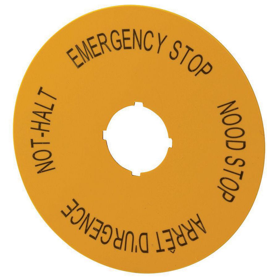 Schild Nood-Hold D=90mm geel 4-talig (duits, engels, nederlands, frans DE EN NL FR)