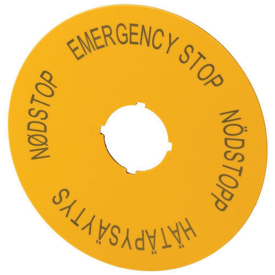 Schild NOOD-HOLD D=90mm geel 4-talig (engels, zweeds, fins, deens EN SV FI DA)