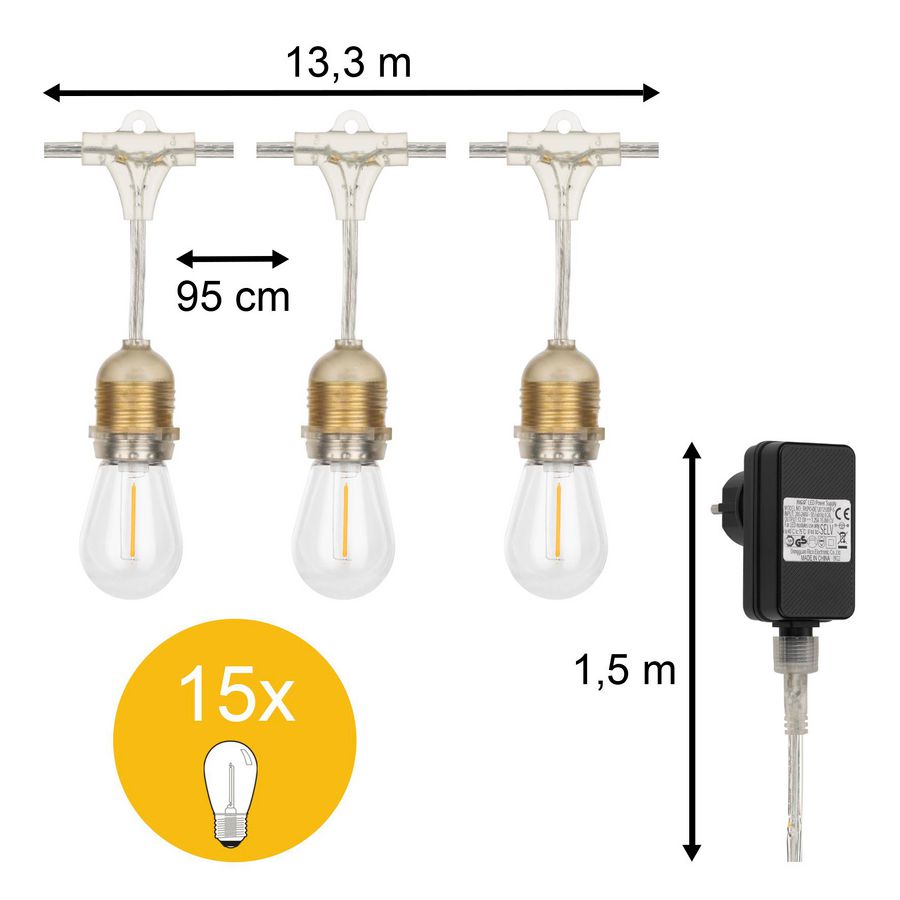Pendel hanglamp transparant L=15m. 15st FIL IP44 ST45