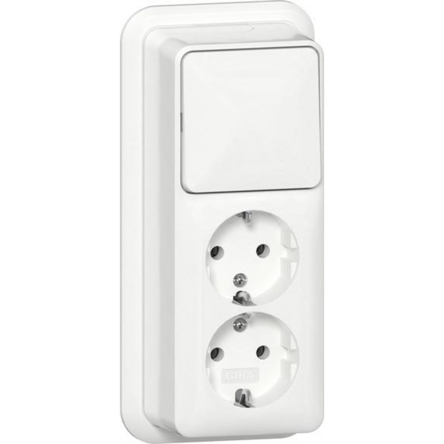 Combi uit-wis/2-voudig wandcontactdoos met randaarde verticaal + K/P Opbouw zuiver wit