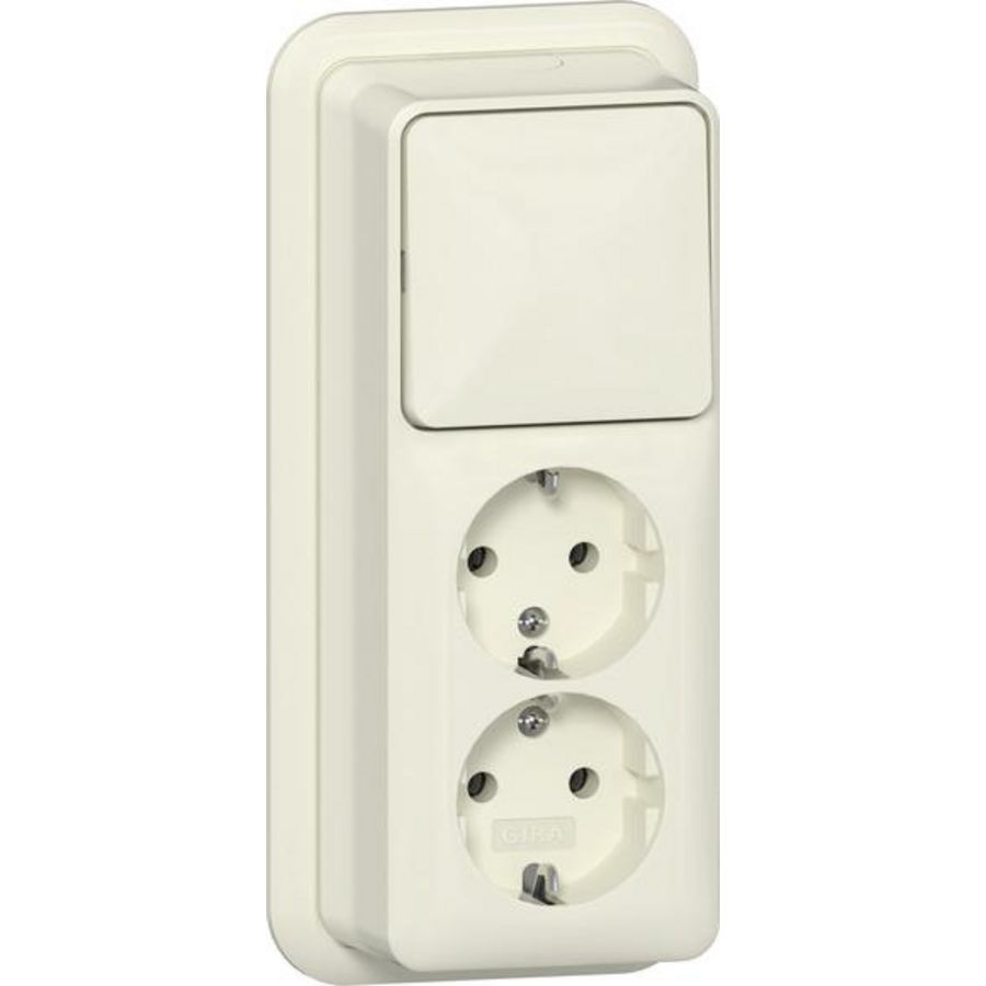 Combi uit-wis/2-voudig wandcontactdoos met randaarde verticaal + K/P Opbouw creme wit
