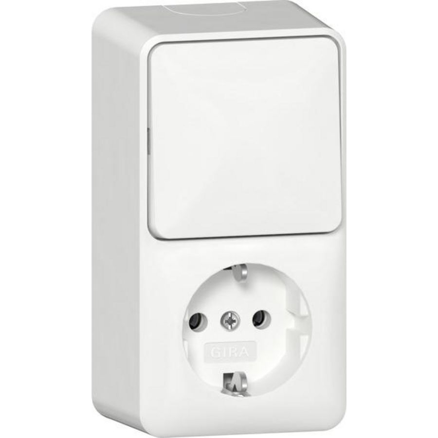 Combi uit-wis/wandcontactdoos met randaarde verticaal + montageplaat Opbouw zuiver wit