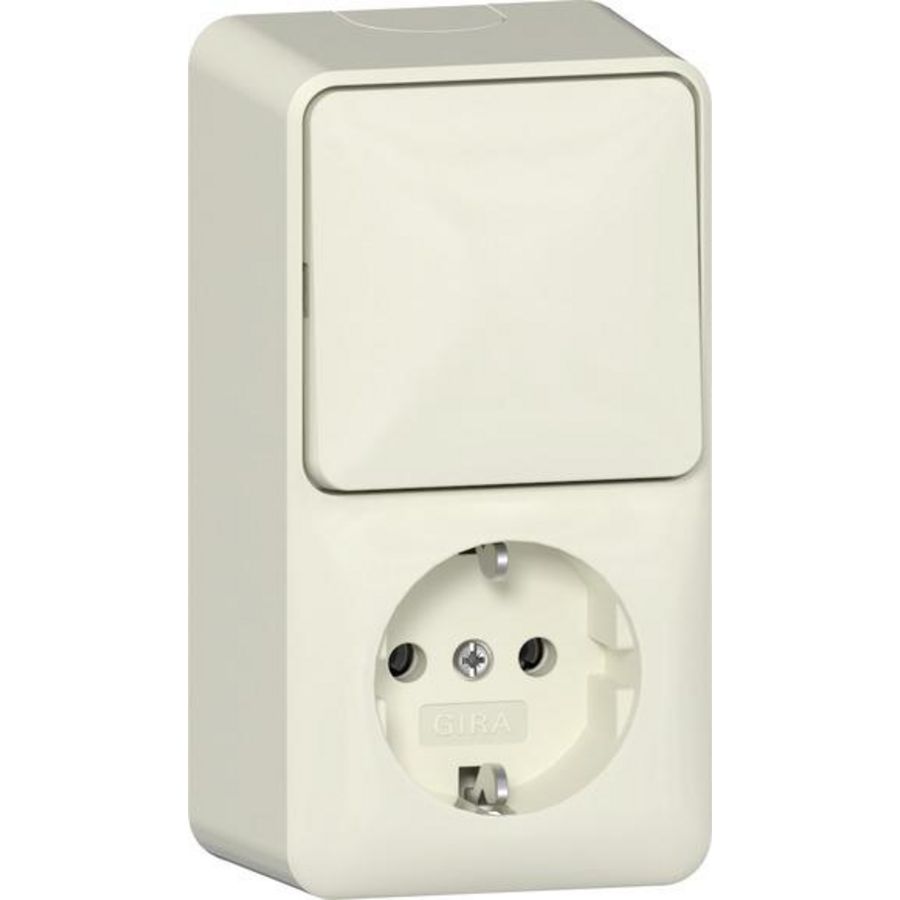 Combi uit-wis/wandcontactdoos met randaarde verticaal + montageplaat Opbouw creme wit