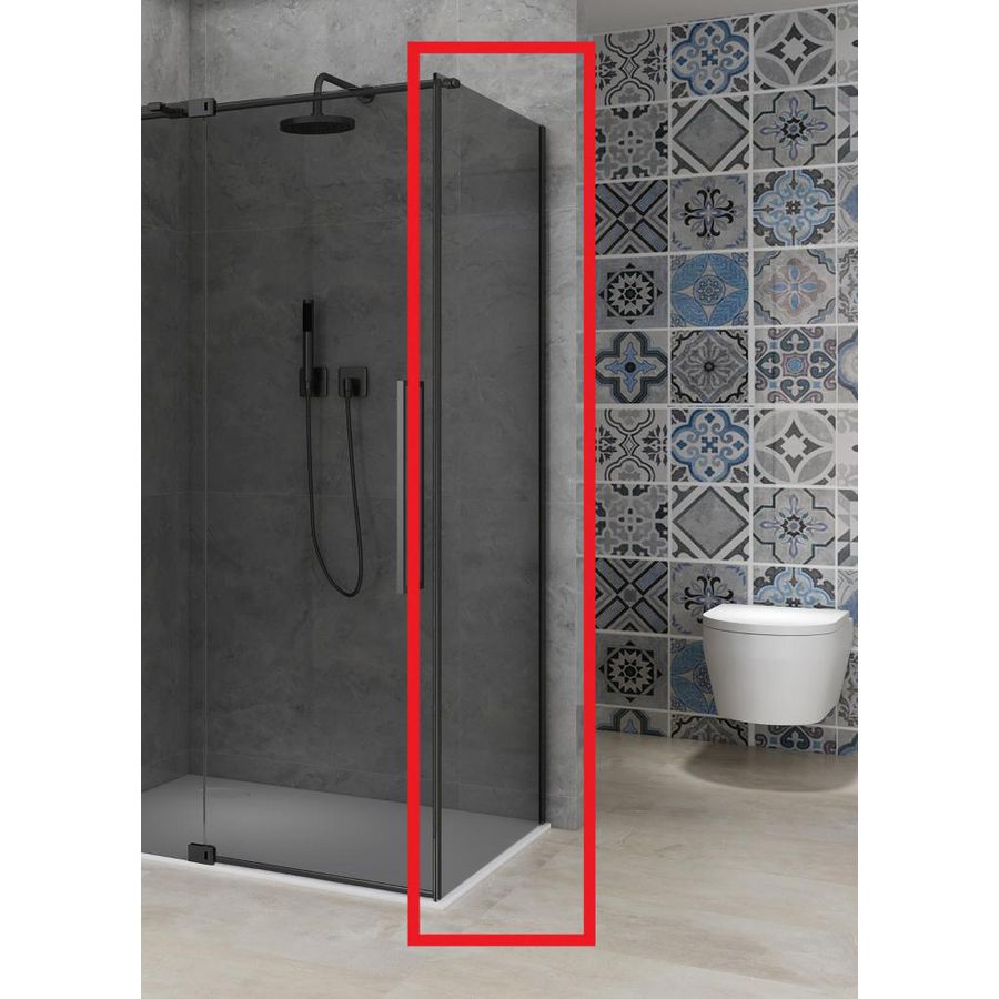 Vaste wand 885-905x2000mm 8mm grijs rookglas incl. glasbehandeling zwart muurprofiel t.b.v. hoekcabine st08350