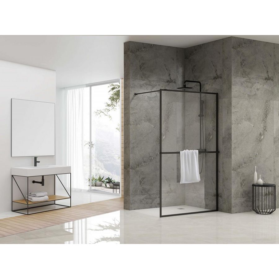 Inloopdouche vaste wand 890-900x2000mm 8mm helder glas zwart muurprofiel stabilisatiestang omkaderd handdoekstang